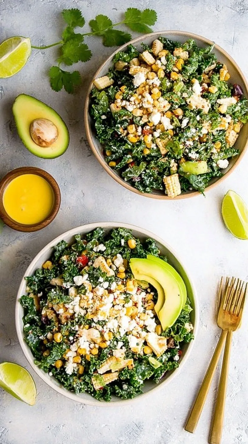 A colorful Mexican Street Corn Kale Salad in a bowl with charred corn, crumbled cotija cheese, and fresh cilantro.