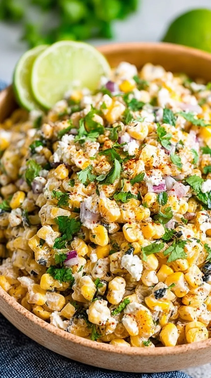 A vibrant bowl of Mexican Street Corn Salad topped with Cotija cheese and fresh cilantro.