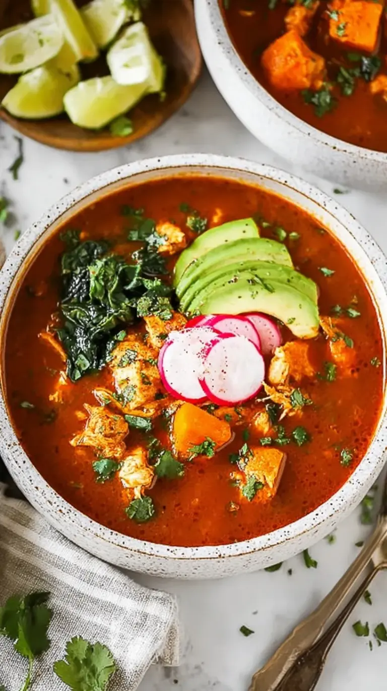 A steaming bowl of Mexican Sweet Potato Chicken Soup topped with fresh cilantro and lime wedges