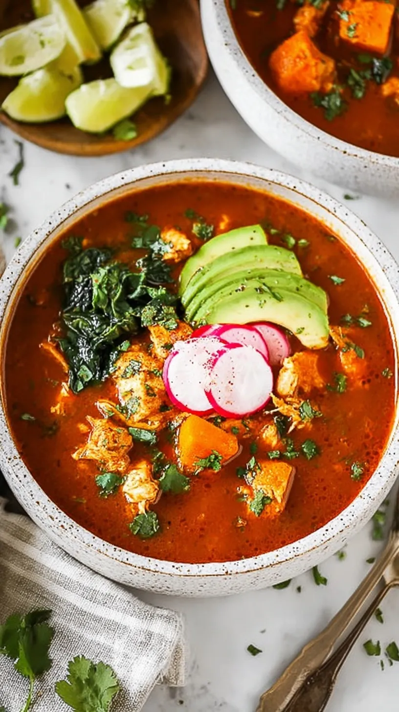 A steaming bowl of Mexican Sweet Potato Chicken Soup topped with fresh cilantro and lime wedges