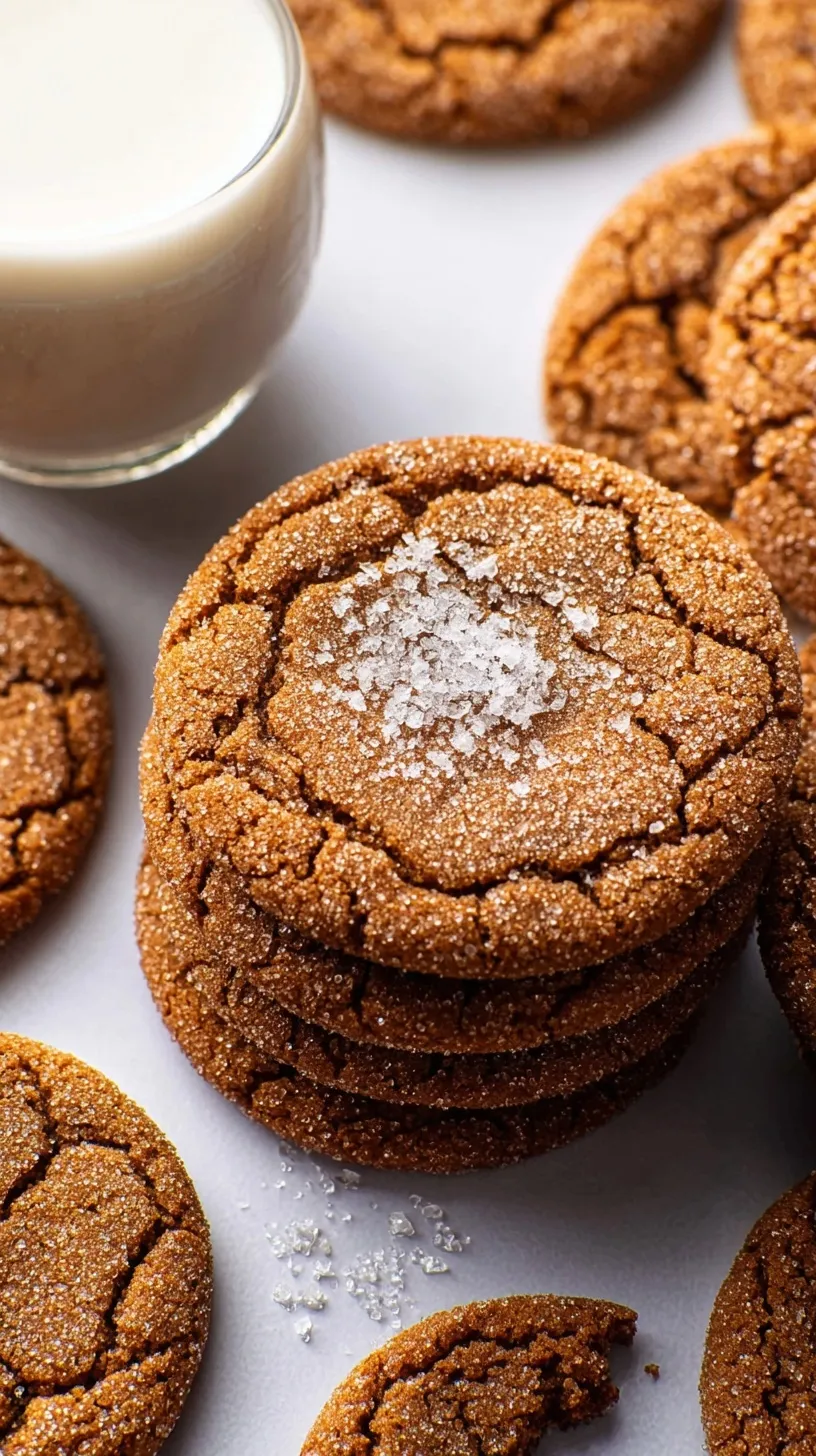 A stack of golden brown molasses cookies with crackled tops and a light dusting of sugar.