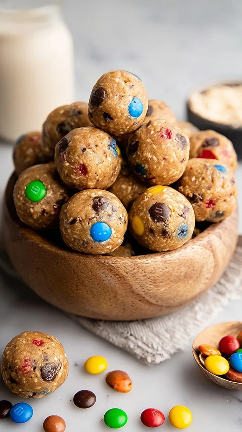 A pile of colorful monster cookie protein balls on a white plate
