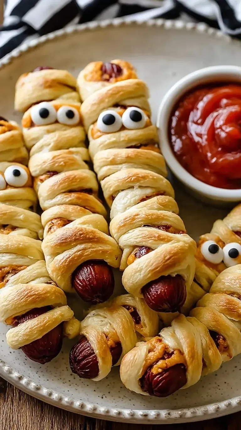 Golden brown mummy hot dogs wrapped in crescent dough with mustard eyes on a baking sheet