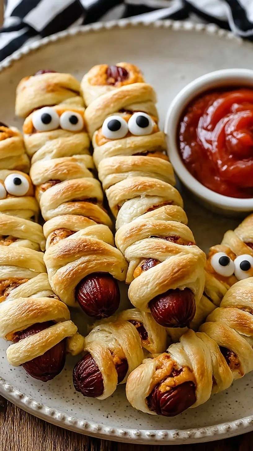Golden brown mummy hot dogs wrapped in crescent dough with mustard eyes on a baking sheet