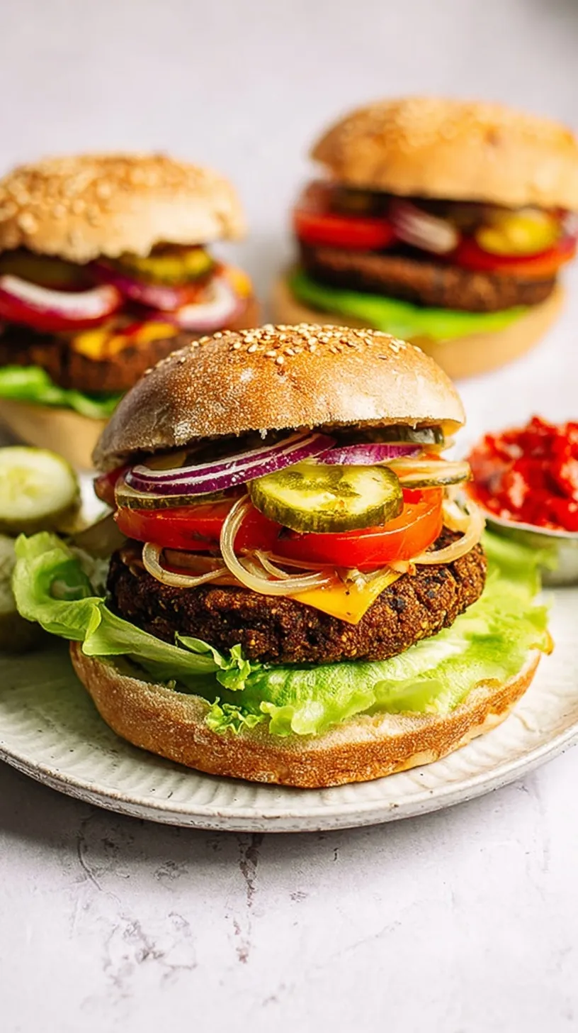 A golden brown black bean burger on a toasted bun with melted cheese and fresh greens.