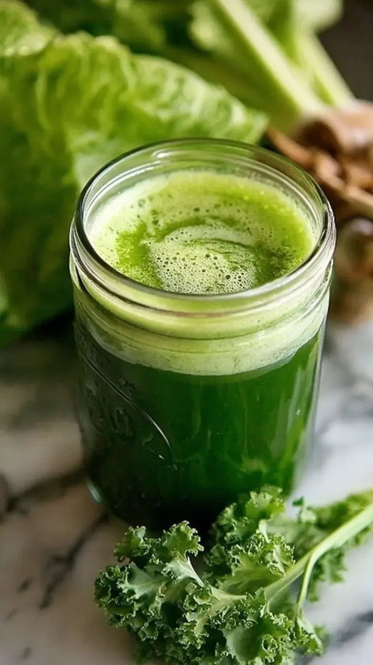 A vibrant glass of green juice with a green apple and cucumber on a bright kitchen counter.