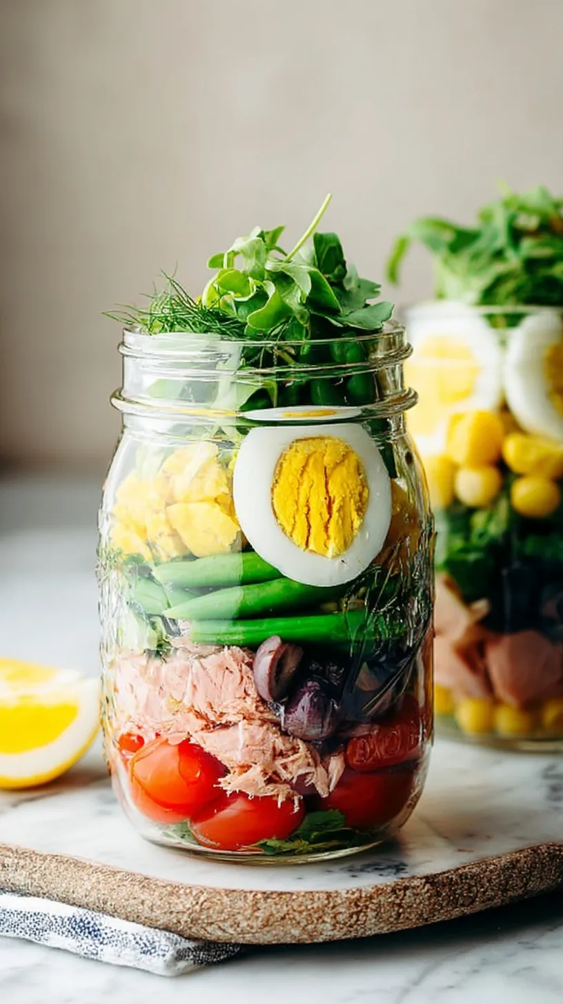 Four glass mason jars filled with layers of potatoes, green beans, tuna, eggs, and lettuce on a wooden counter.