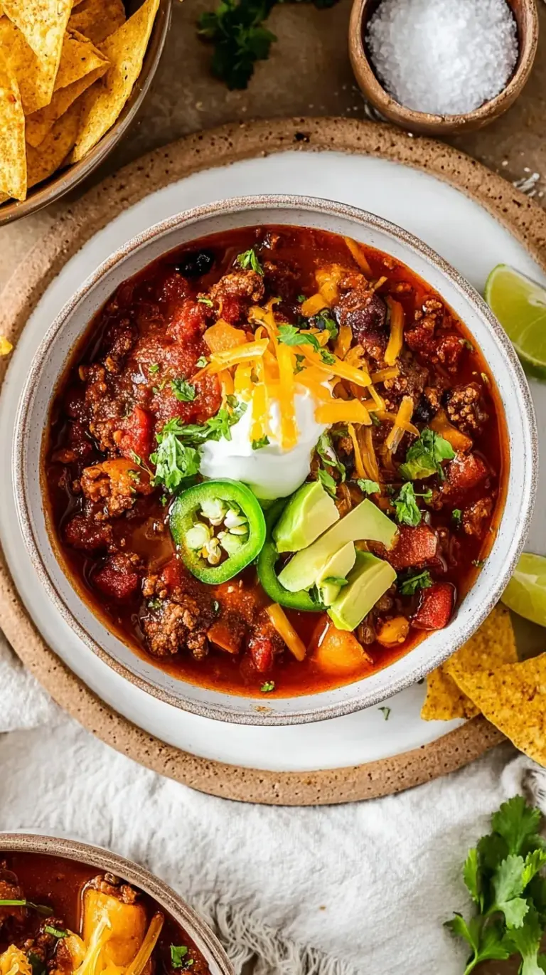 A steaming bowl of thick beef chili topped with shredded cheese and green onions in a dark bowl.