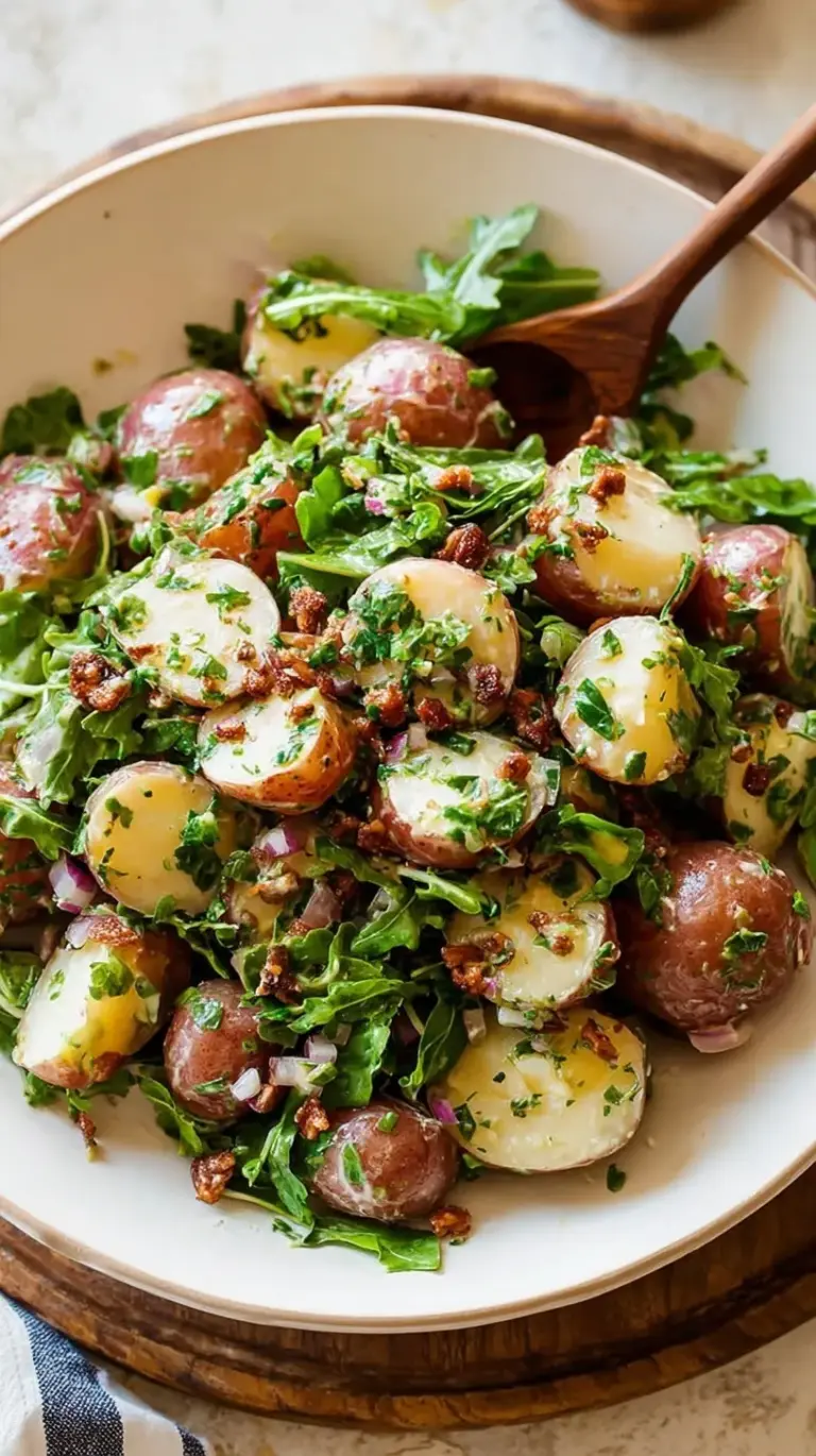 A bowl of colorful No Mayo Potato Salad with fresh herbs and red onions
