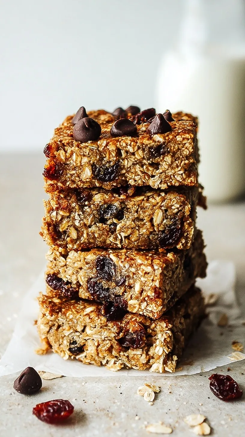 A stack of golden brown oatmeal breakfast bars with dark chocolate chips on parchment paper.