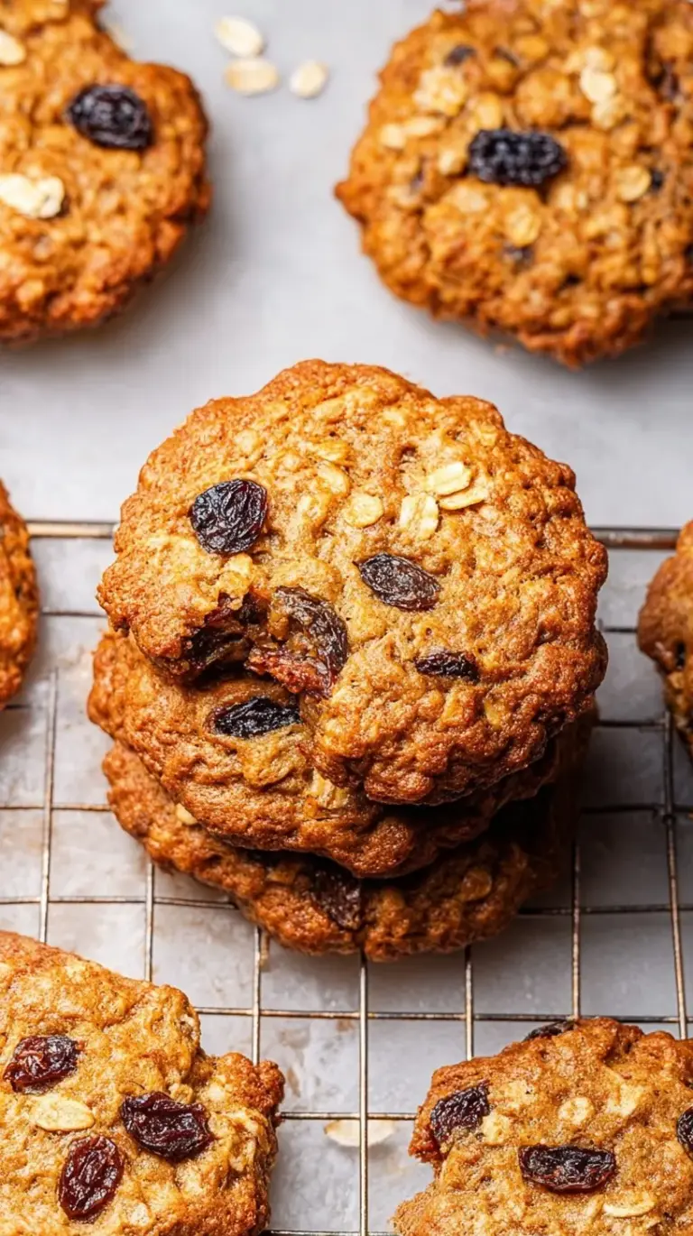 A stack of chewy oatmeal raisin cookies on a wire cooling rack with a glass of milk nearby.