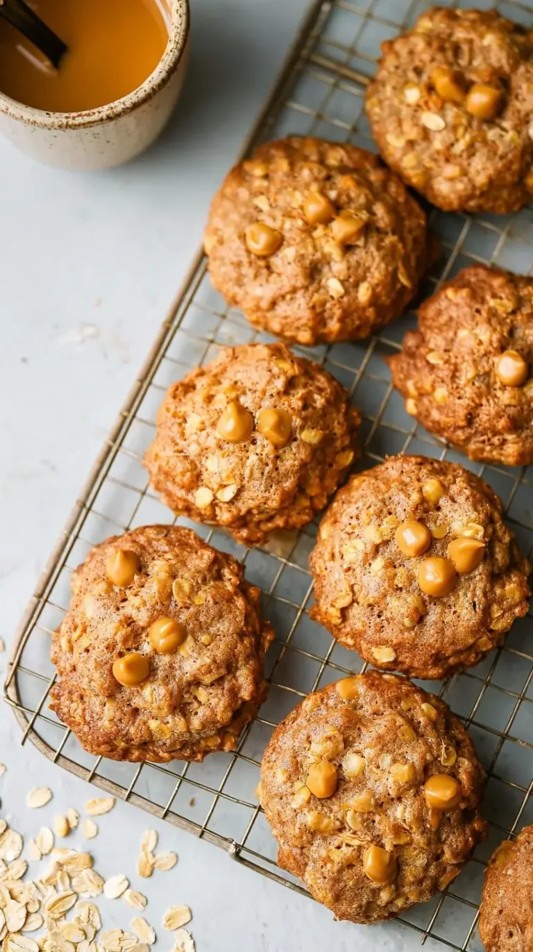 A stack of golden brown oatmeal scotchies with melted butterscotch chips on a wire rack
