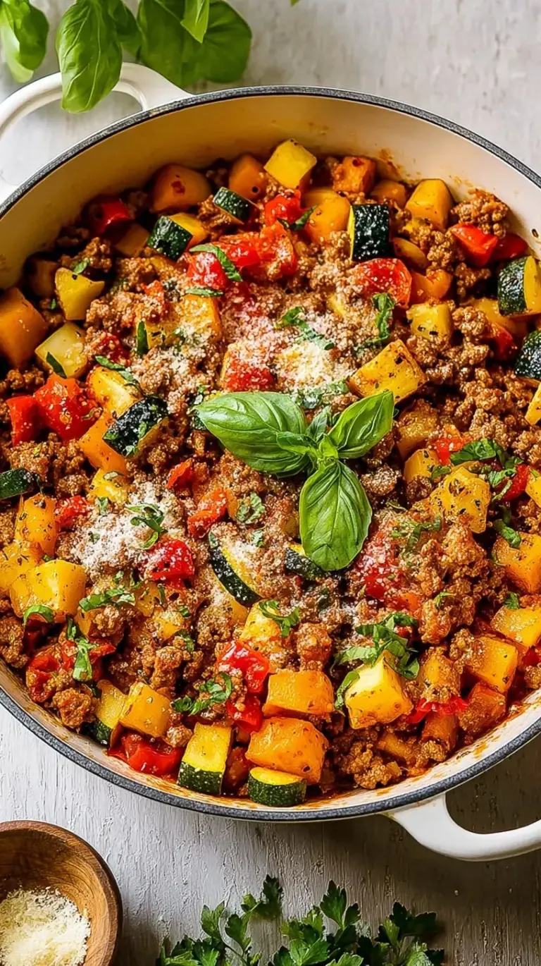 A colorful one-pan Italian ground turkey skillet with green zucchini, red peppers, and melted parmesan cheese.