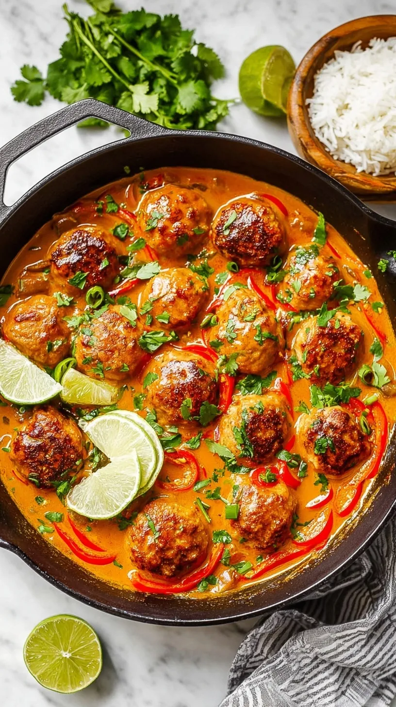 Juicy chicken meatballs simmering in a vibrant red curry coconut sauce with spinach and red peppers.