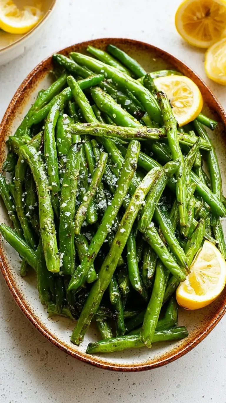 A tray of vibrant oven roasted green beans with lemon wedges and minced garlic.