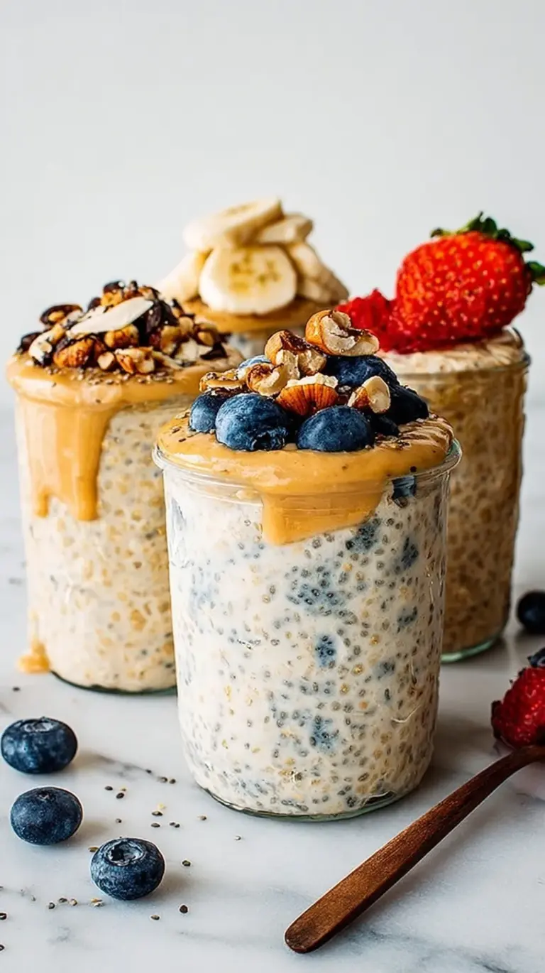 A glass mason jar filled with creamy overnight oats topped with fresh spring berries