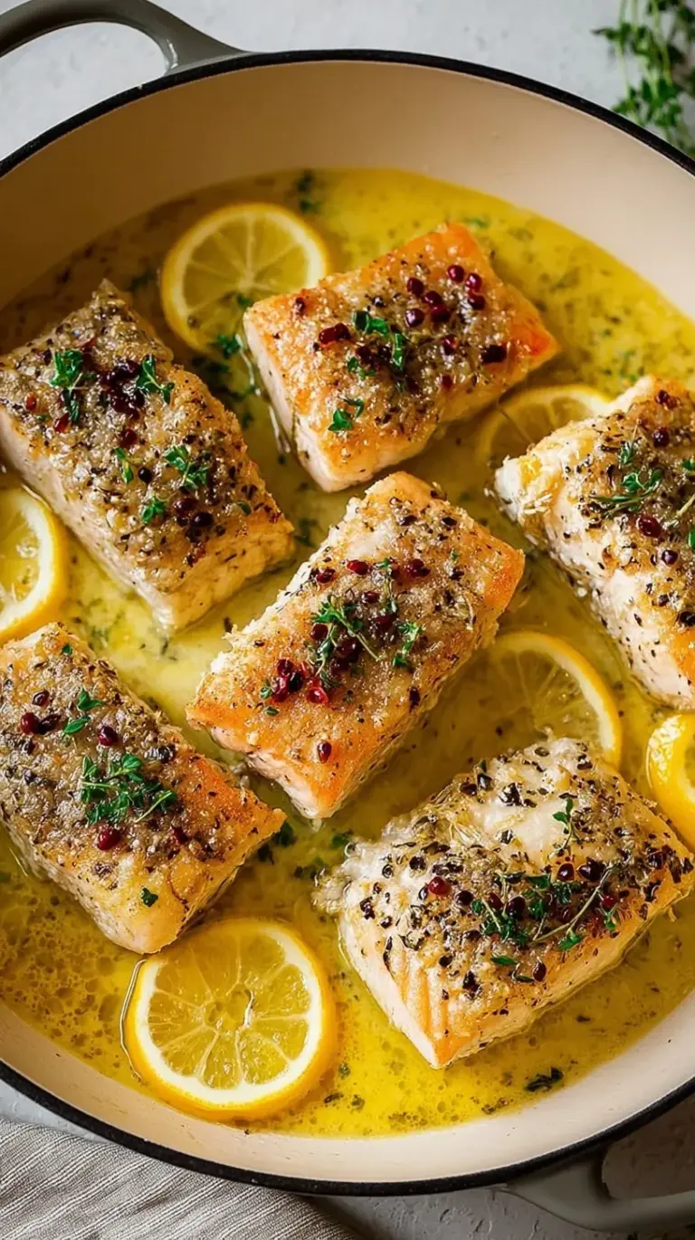Golden brown pan-seared mahi mahi fillets topped with fresh parsley and lemon juice in a skillet.