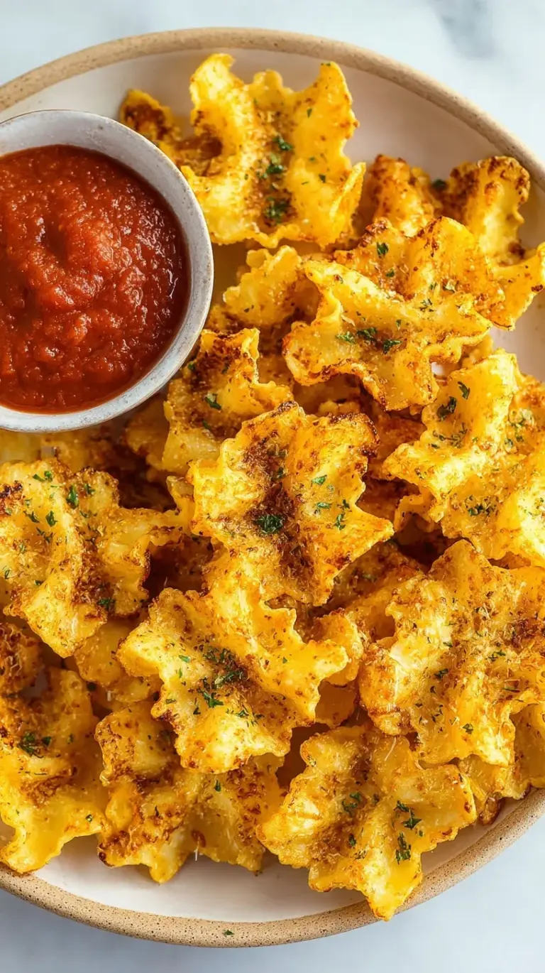 Golden brown air fried pasta chips seasoned with parmesan and herbs in a bowl