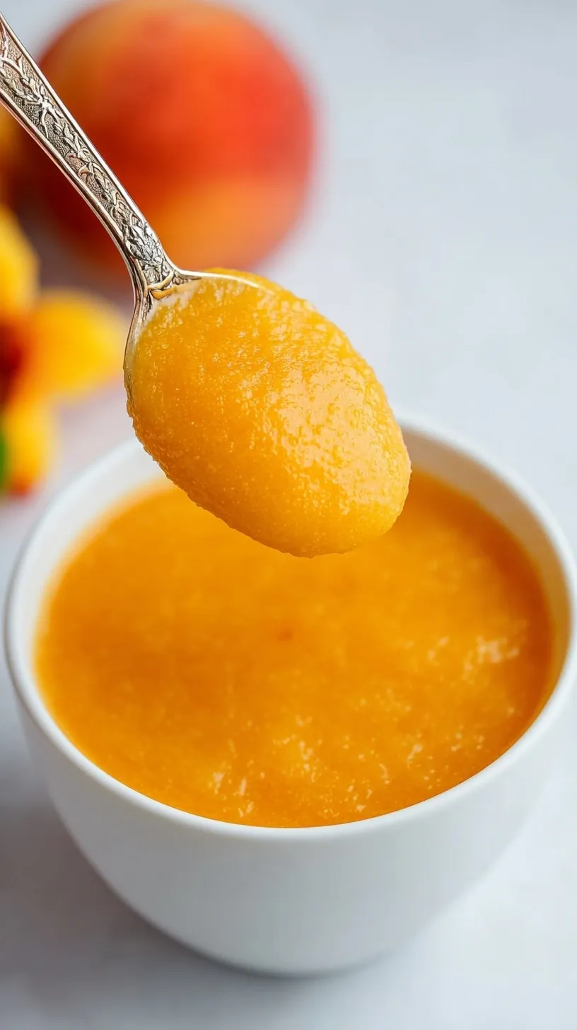 A smooth and vibrant orange peach puree in a glass jar with fresh peach slices nearby.