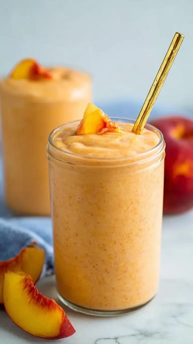 A vibrant and creamy peach smoothie in a chilled glass with a fresh peach slice garnish.