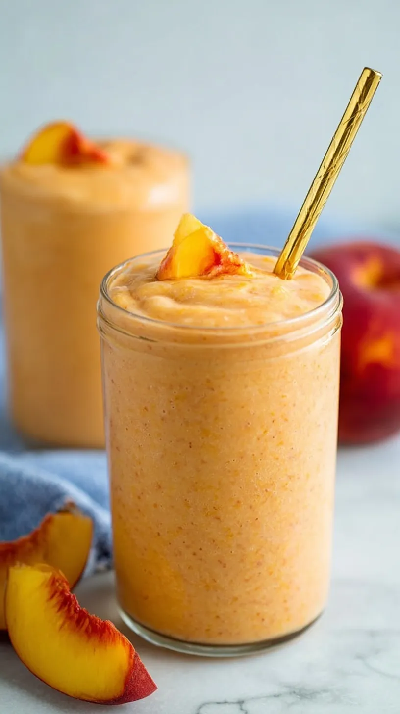 A vibrant and creamy peach smoothie in a chilled glass with a fresh peach slice garnish.