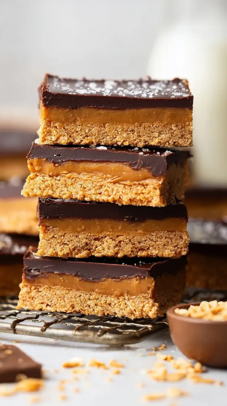 A stack of thick No-Bake Peanut Butter Bars with a smooth chocolate ganache topping on a marble surface.