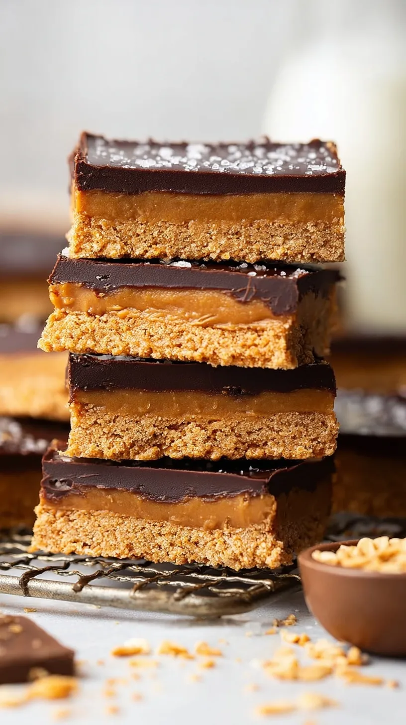 A stack of thick No-Bake Peanut Butter Bars with a smooth chocolate ganache topping on a marble surface.