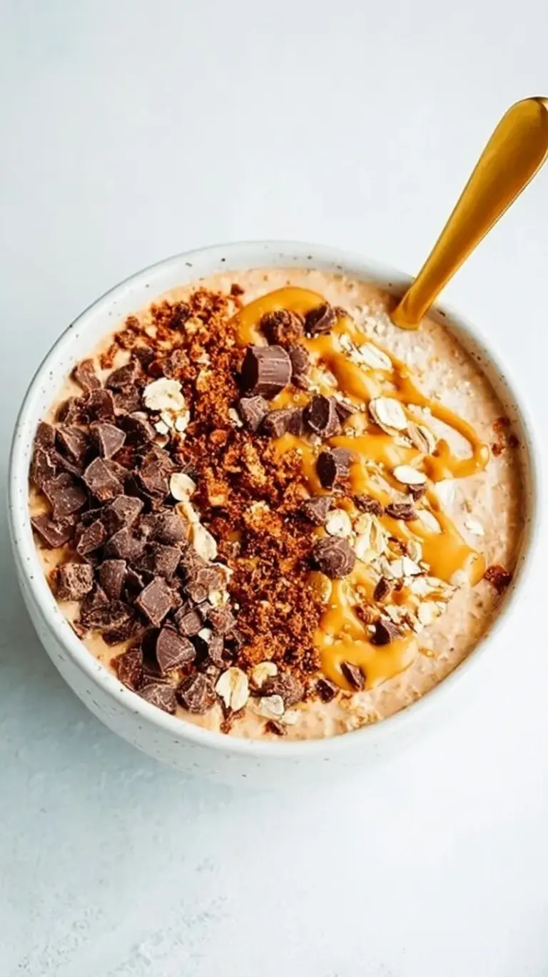 A glass jar filled with chocolate protein overnight oats topped with a peanut butter swirl and dark chocolate chips.