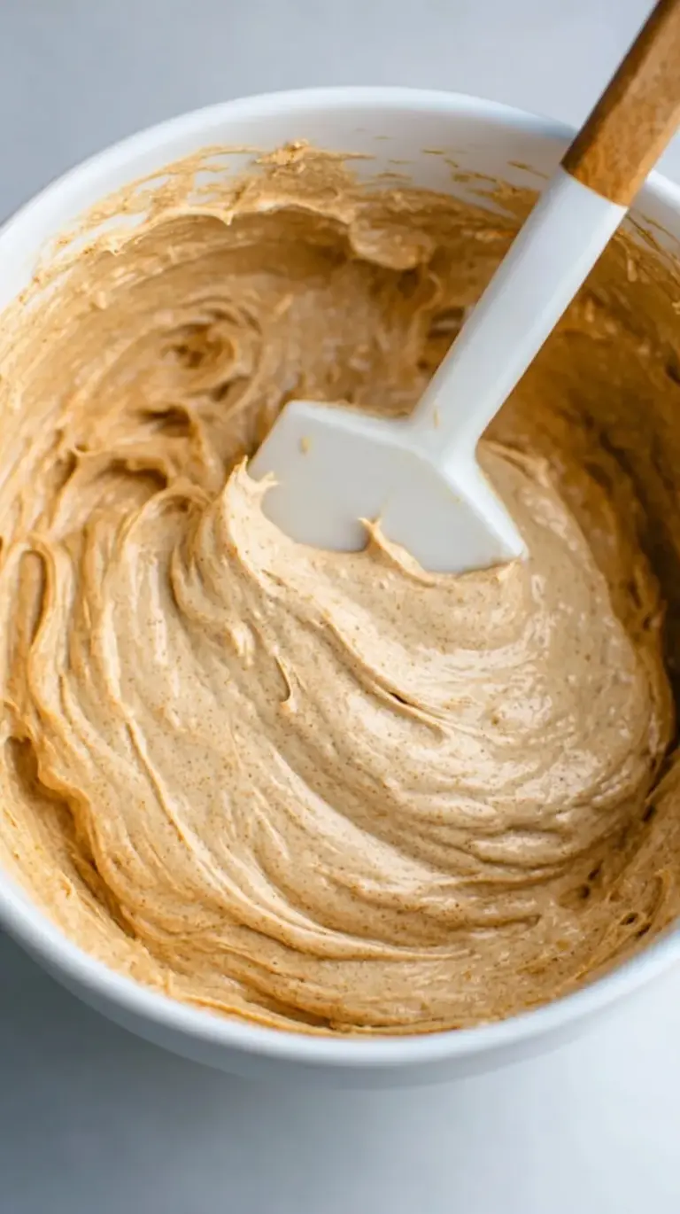 A bowl of fluffy peanut butter greek yogurt frosting with a swirl on top