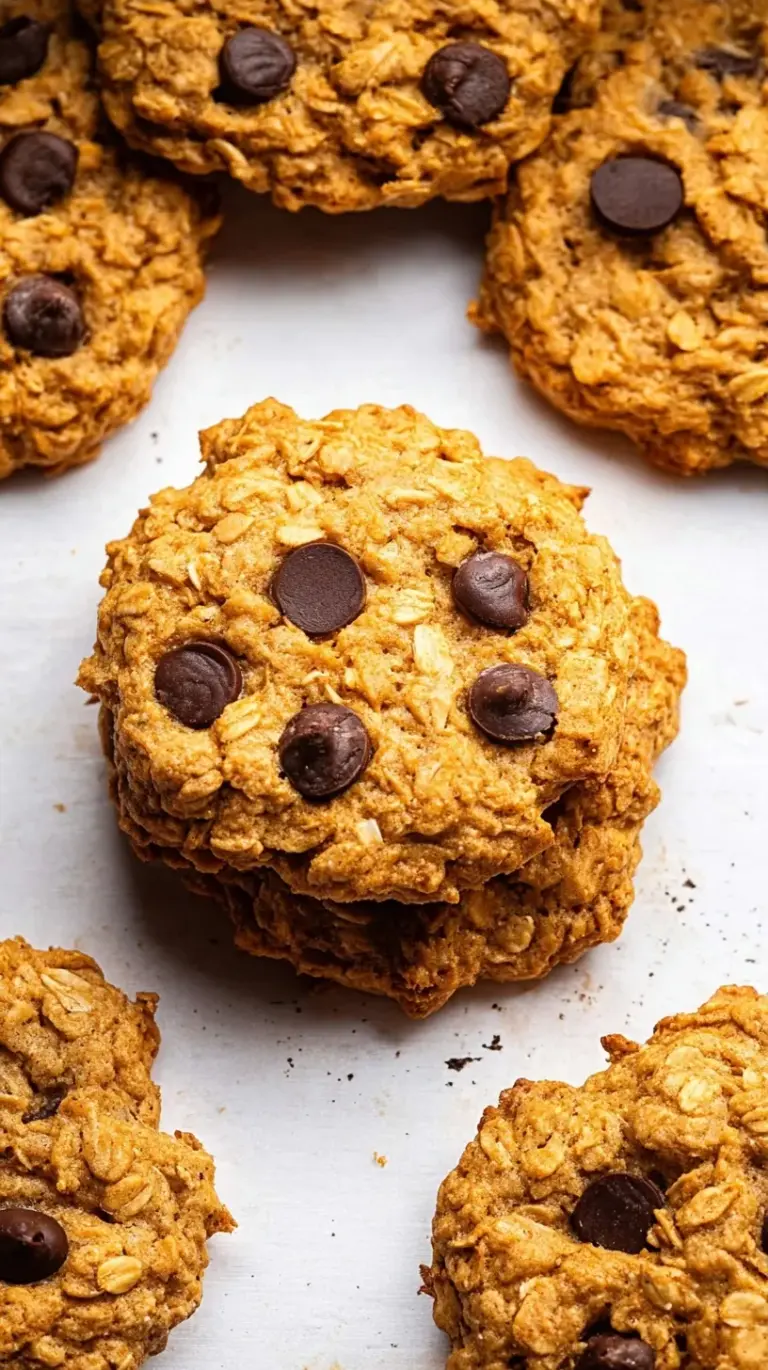 A stack of golden brown peanut butter oatmeal cookies on a wire cooling rack with a glass of milk nearby.