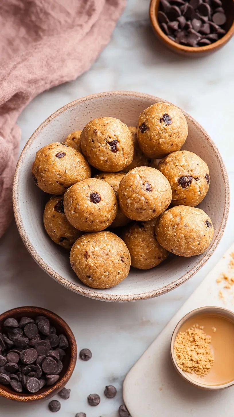 A tray of round peanut butter protein balls with dark chocolate chips on parchment paper