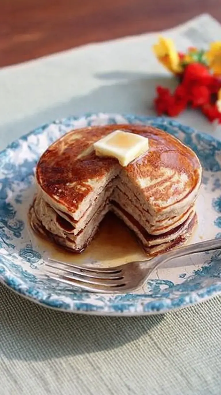 Stack of golden brown peanut flour pancakes topped with a drizzle of maple syrup and fresh berries on a white plate.