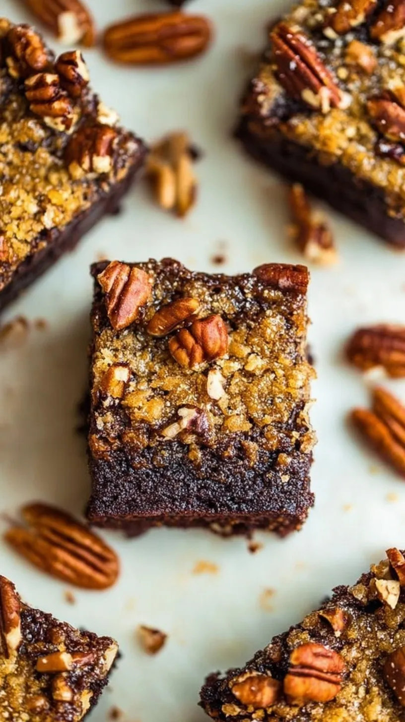 A stack of sliced pecan pie brownies showing the fudgy chocolate base and golden pecan topping.