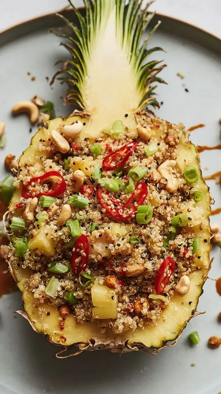 A colorful bowl of pineapple fried quinoa with bright yellow turmeric, green peas, and golden pineapple chunks.