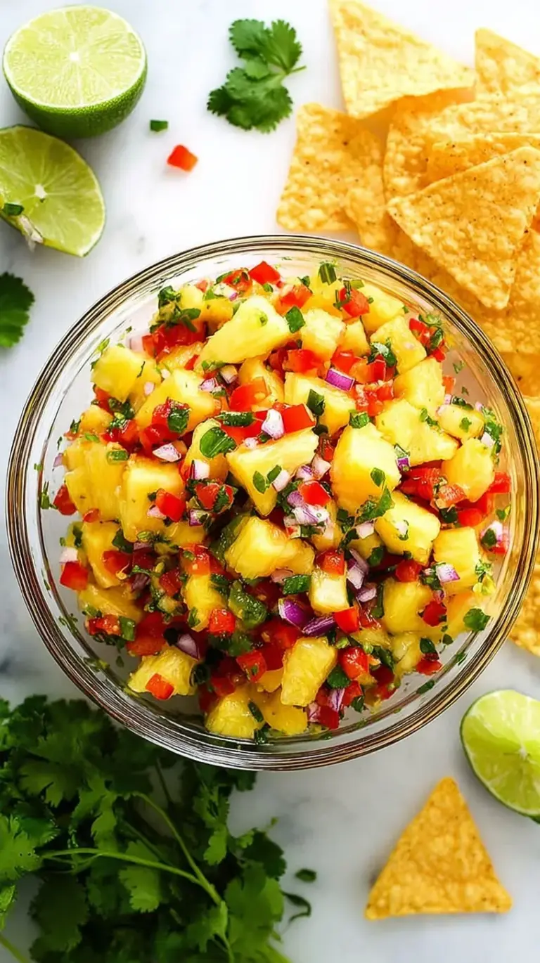 A colorful bowl of fresh pineapple salsa with red onion, jalapeño, and cilantro