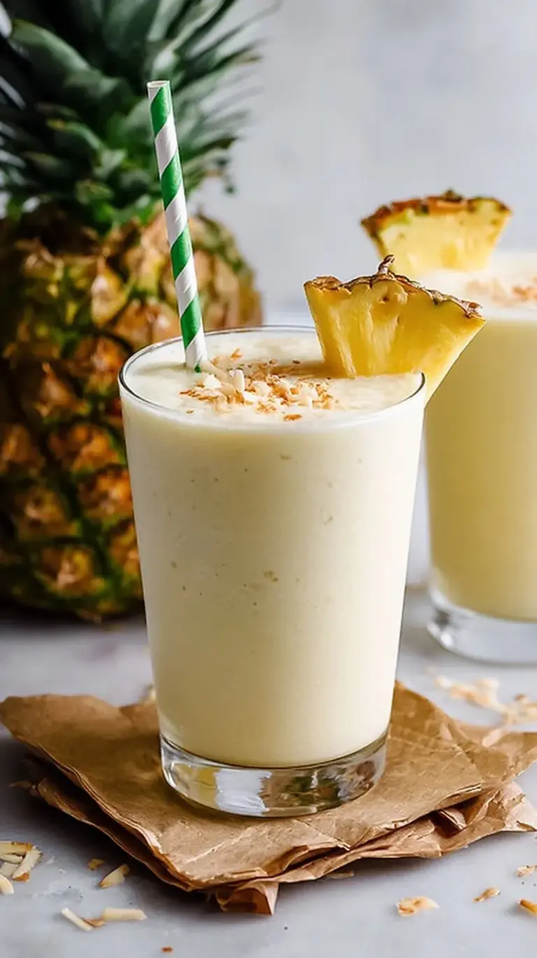 A vibrant yellow pineapple smoothie in a tall glass garnished with a fresh pineapple wedge.