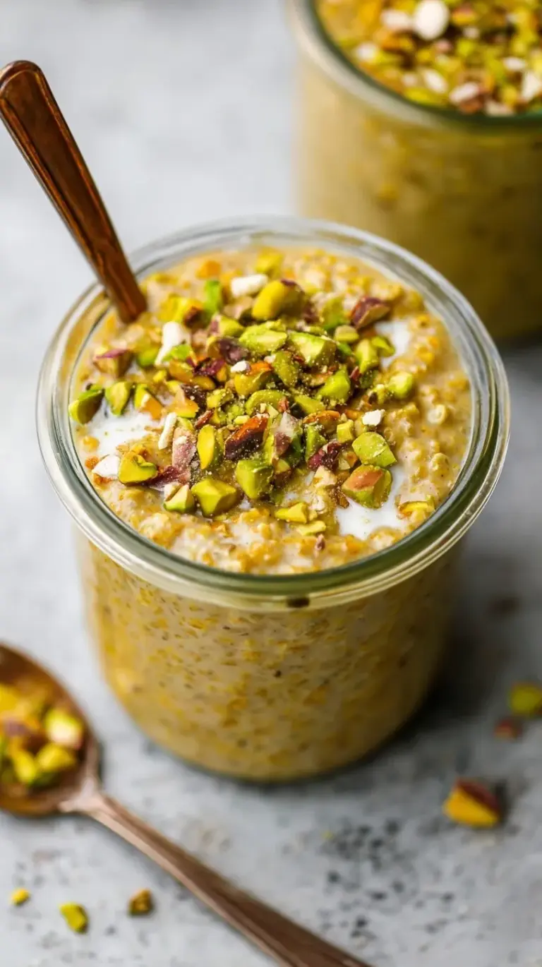 A glass jar filled with creamy overnight oats topped with bright green chopped pistachios and a drizzle of honey.