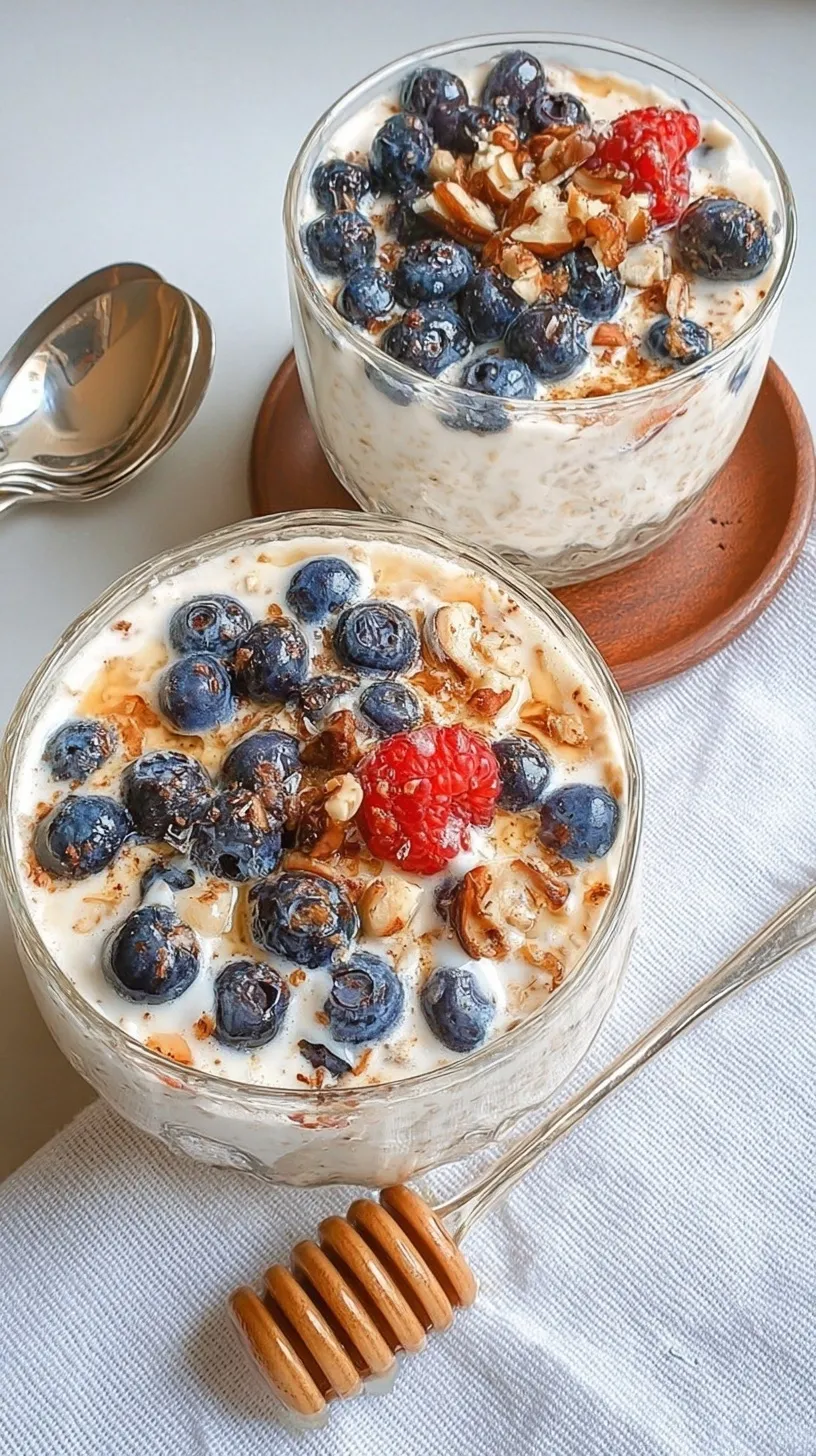 A glass jar filled with creamy overnight oats topped with fresh berries and chopped nuts.