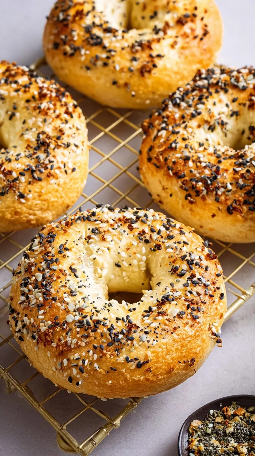 Golden brown everything bagels made with greek yogurt on a baking sheet