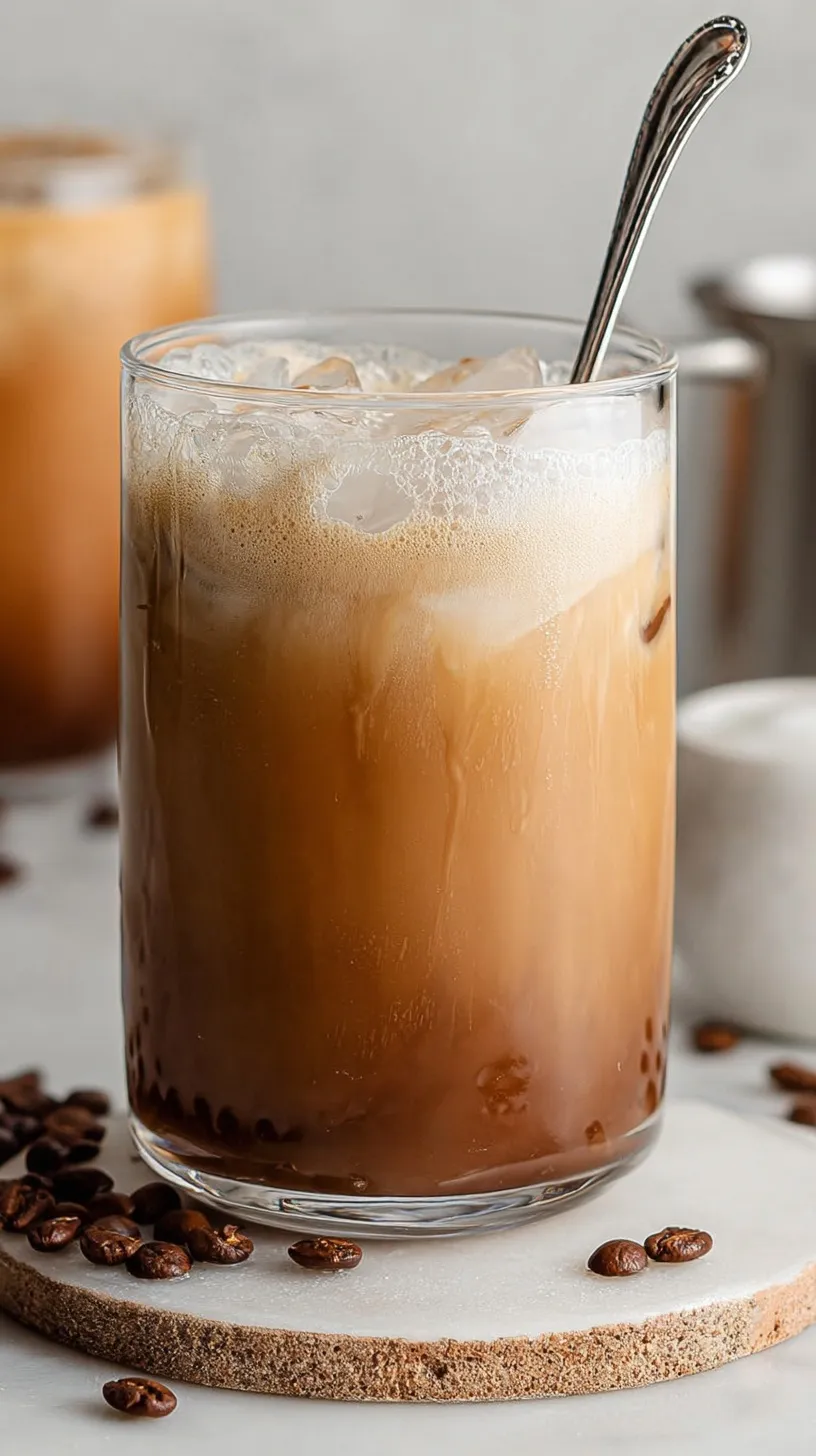 A tall glass of iced protein coffee with creamy swirls and fresh ice cubes