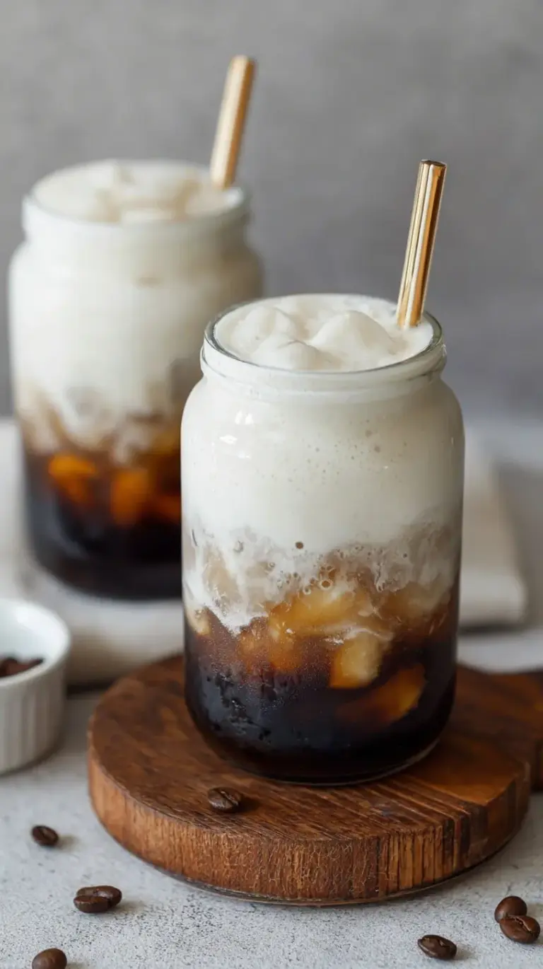 A tall glass of iced cold brew topped with thick, cascading vanilla protein cold foam.