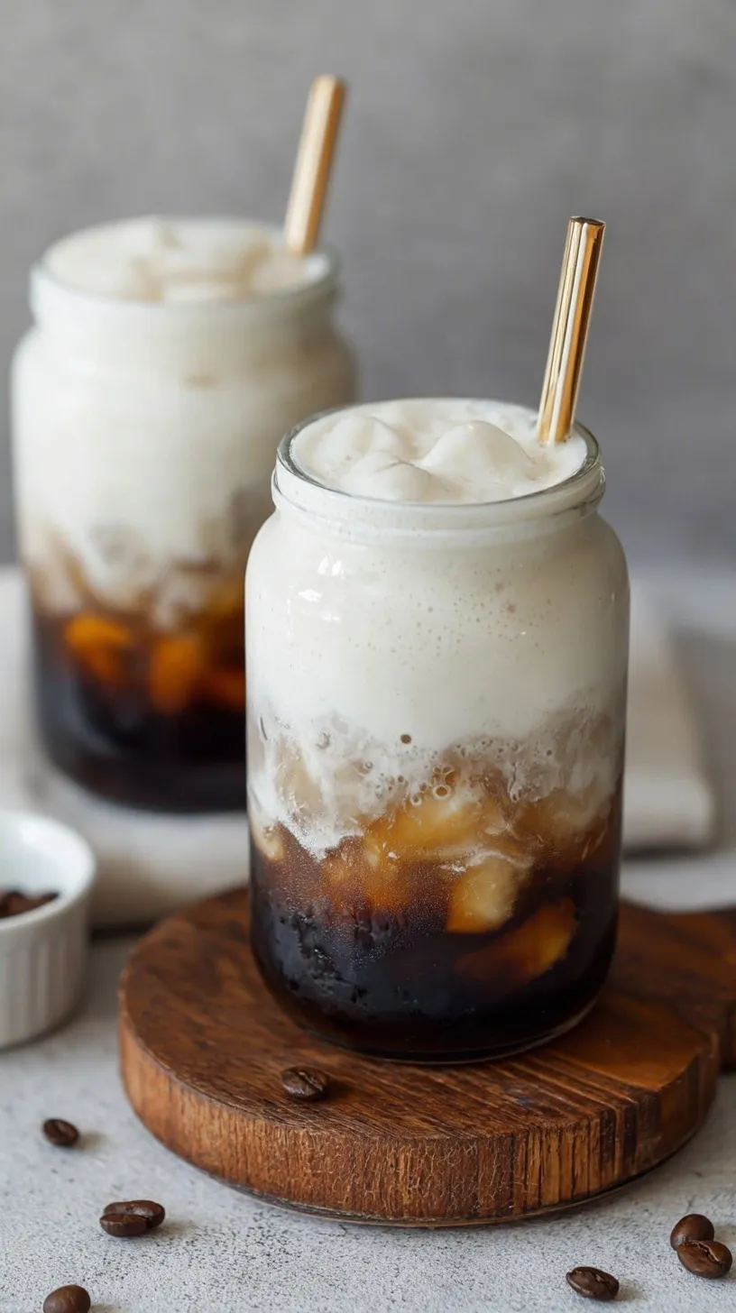A tall glass of iced cold brew topped with thick, cascading vanilla protein cold foam.