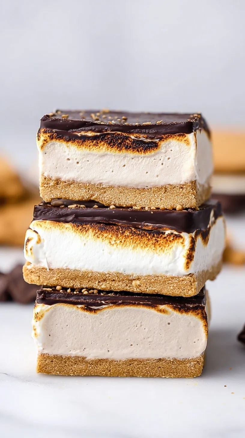 A stack of frozen s'mores sandwiches with chocolate and cream layers