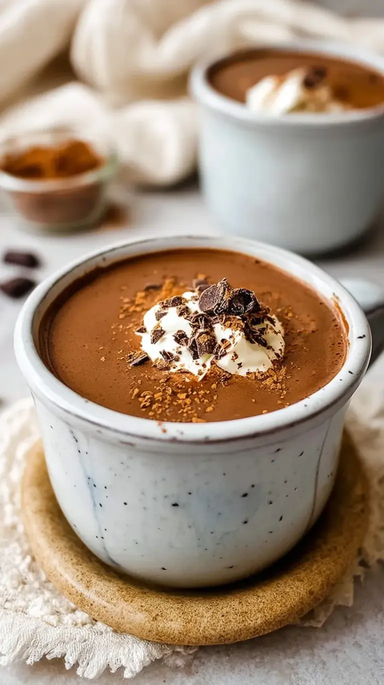 A steaming mug of creamy protein hot chocolate on a wooden table with a light dusting of cocoa powder.