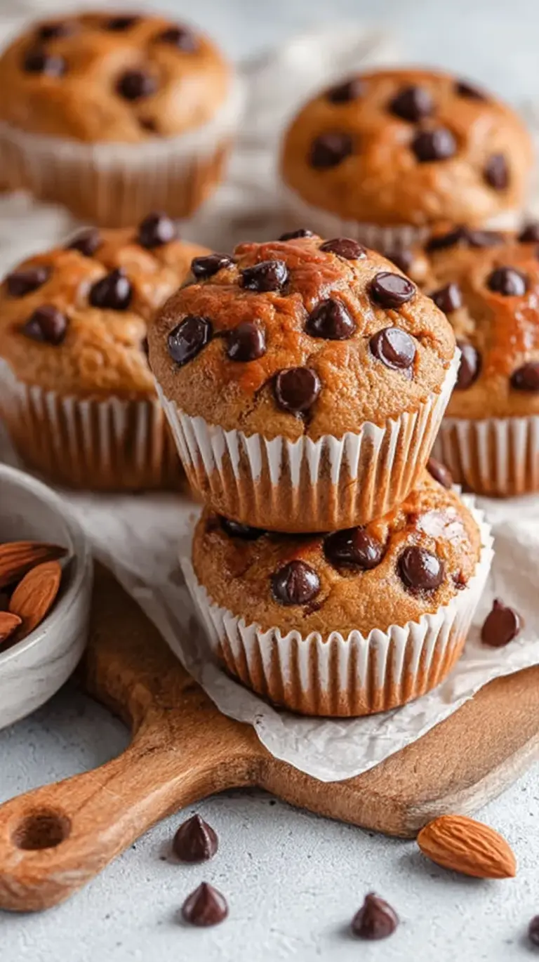 Golden brown protein muffins with dark chocolate chips on a wire cooling rack.