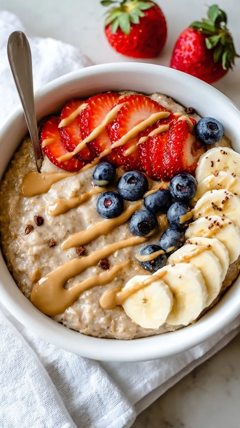 A steaming bowl of creamy protein oatmeal topped with a swirl of almond butter and a dash of cinnamon.