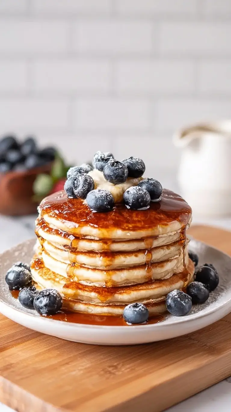 A stack of golden brown protein pancakes topped with fresh berries and a drizzle of syrup on a bright spring table.