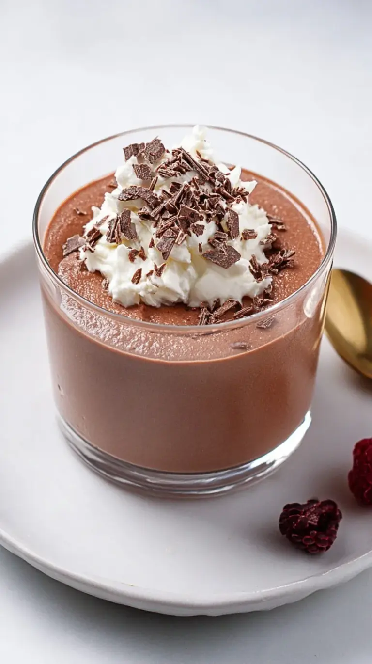 Creamy chocolate protein pudding in a glass bowl topped with a dusting of cocoa powder