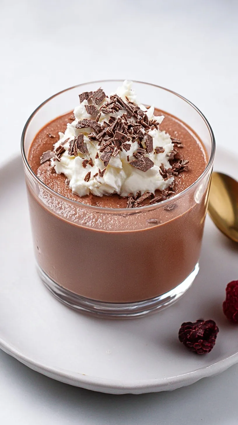 Creamy chocolate protein pudding in a glass bowl topped with a dusting of cocoa powder