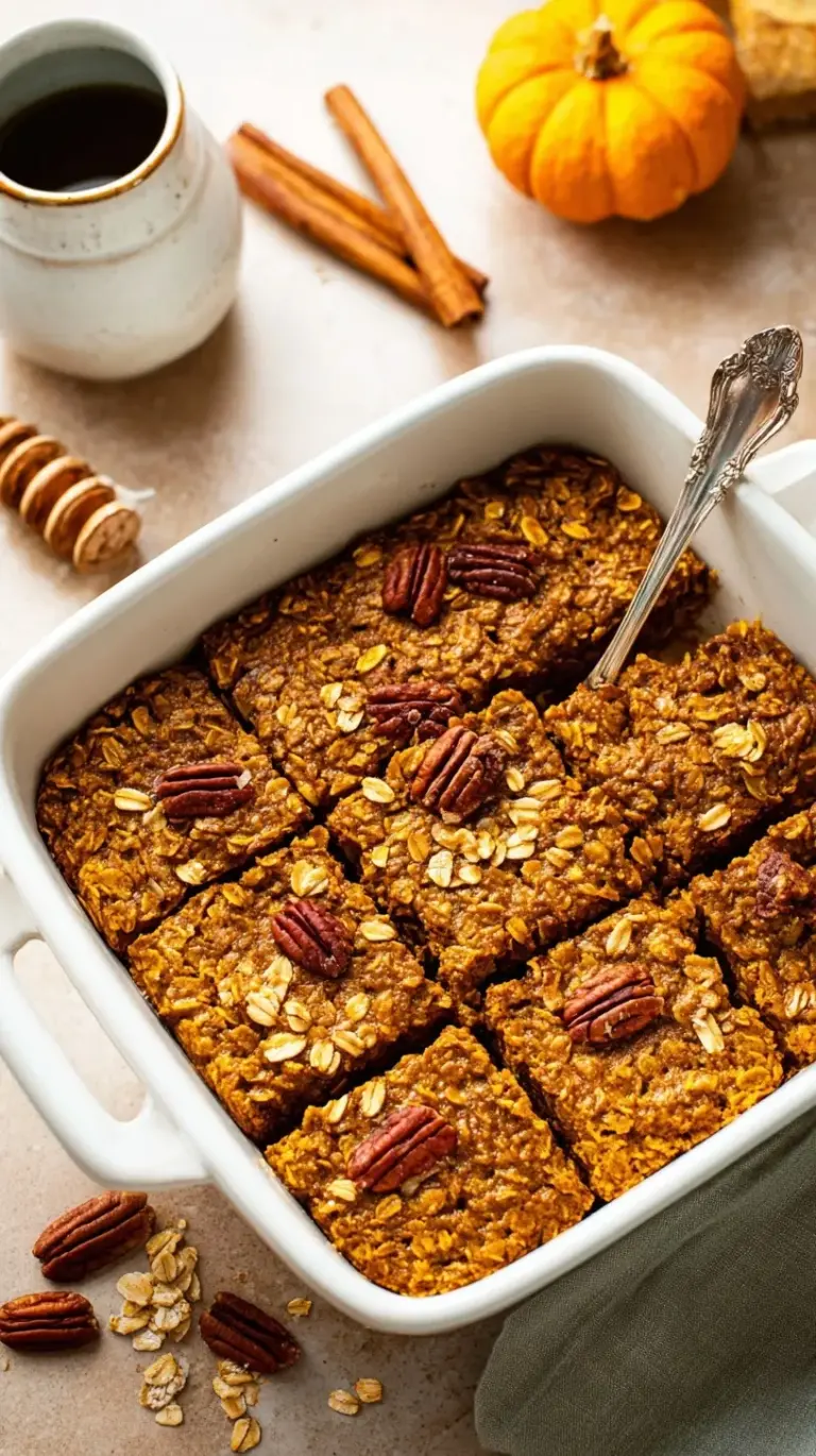 A golden brown dish of pumpkin baked oatmeal topped with crunchy walnuts